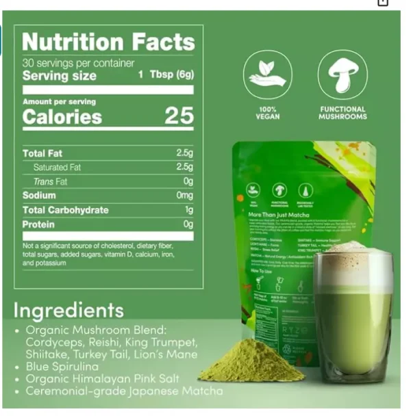 RYZE Mushroom Matcha 6 Adaptogenic Mushroom USDA Organic Turkey Tail 30 servings