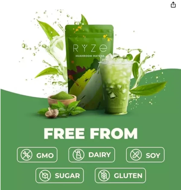 RYZE Mushroom Matcha 6 Adaptogenic Mushroom USDA Organic Turkey Tail 30 servings